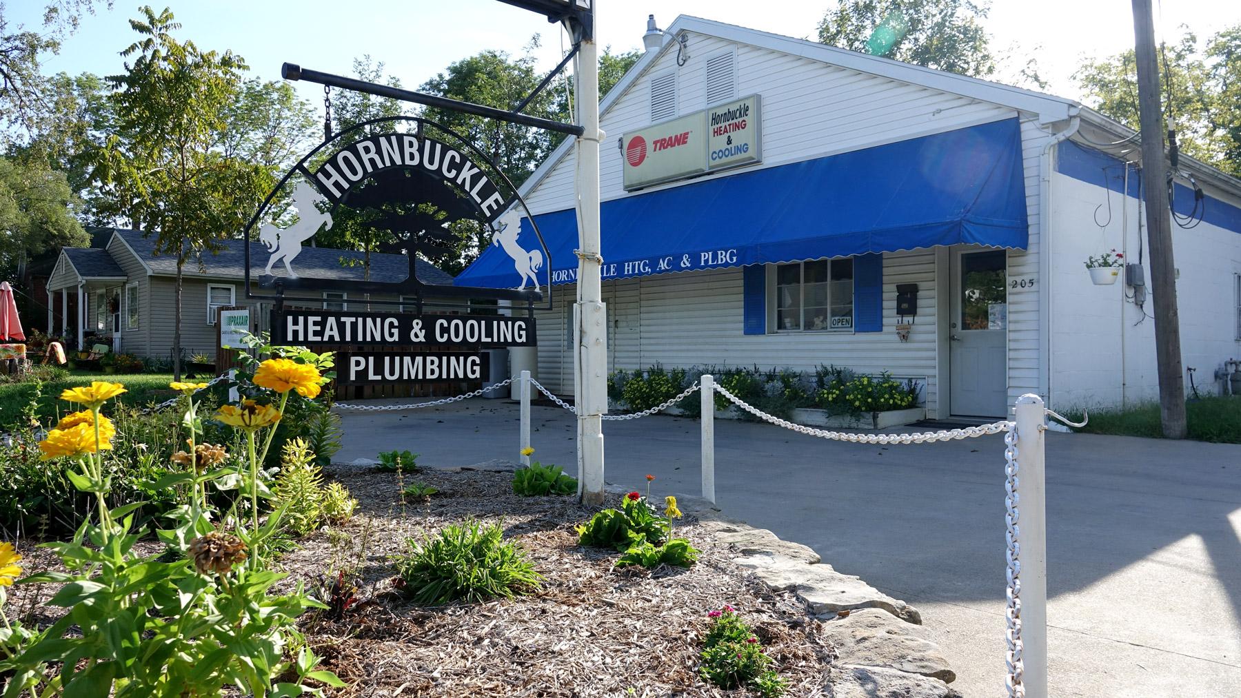 Hornbuckle Heating, Cooling & Plumbing storefront and sign at 205 Bluff Street in Fulton, Missouri