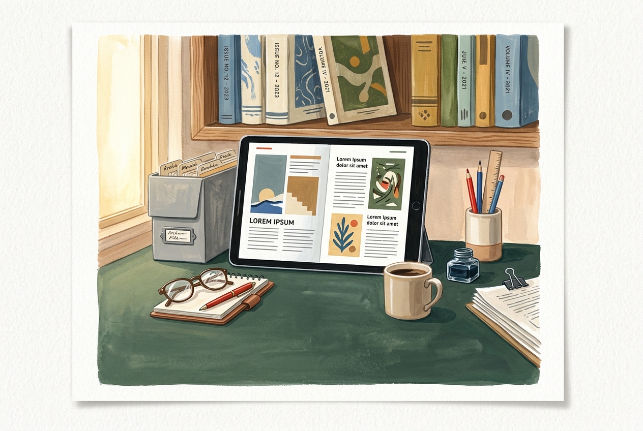 Original editorial illustration of a digital publication archive