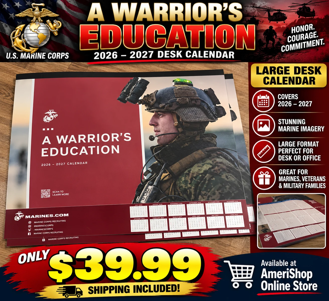 Supplied poster showing the A Warrior's Education 2026-2027 Marine Corps desk calendar cover and open pad with a $39.99 price and shipping included.