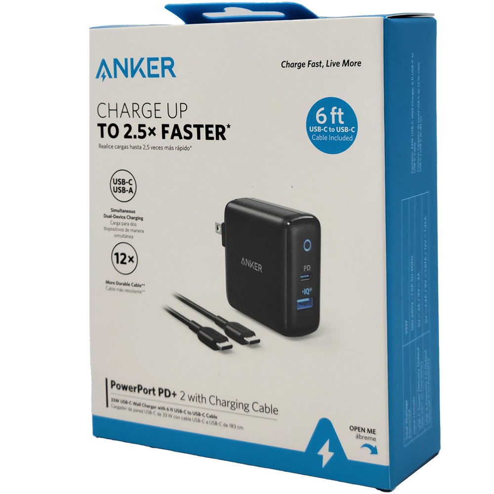 Anker PowerPort PD+ Charger with USB shown against a clean white background.