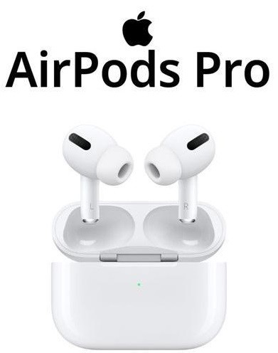Pair of white Apple AirPods Pro first generation earbuds resting beside their matching white charging case on a flat surface.