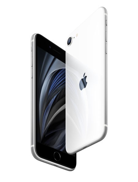 Front and back view of the Apple iPhone SE 128GB resting on a clean studio surface.