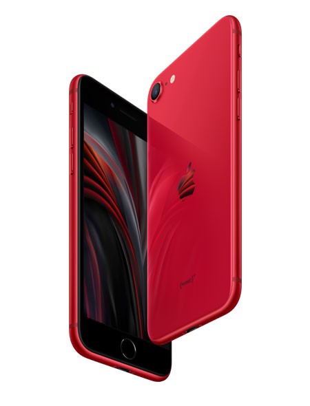 Front and back view of the Apple iPhone SE 128GB smartphone standing upright against a plain neutral background.