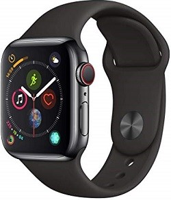 Front view of an Apple Watch Series 4 44mm in grey with digital touchscreen display.