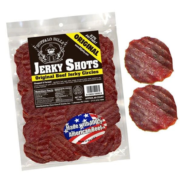 A clear container filled with Buffalo Bills Original Jerky Shots rounds showing the brand label.