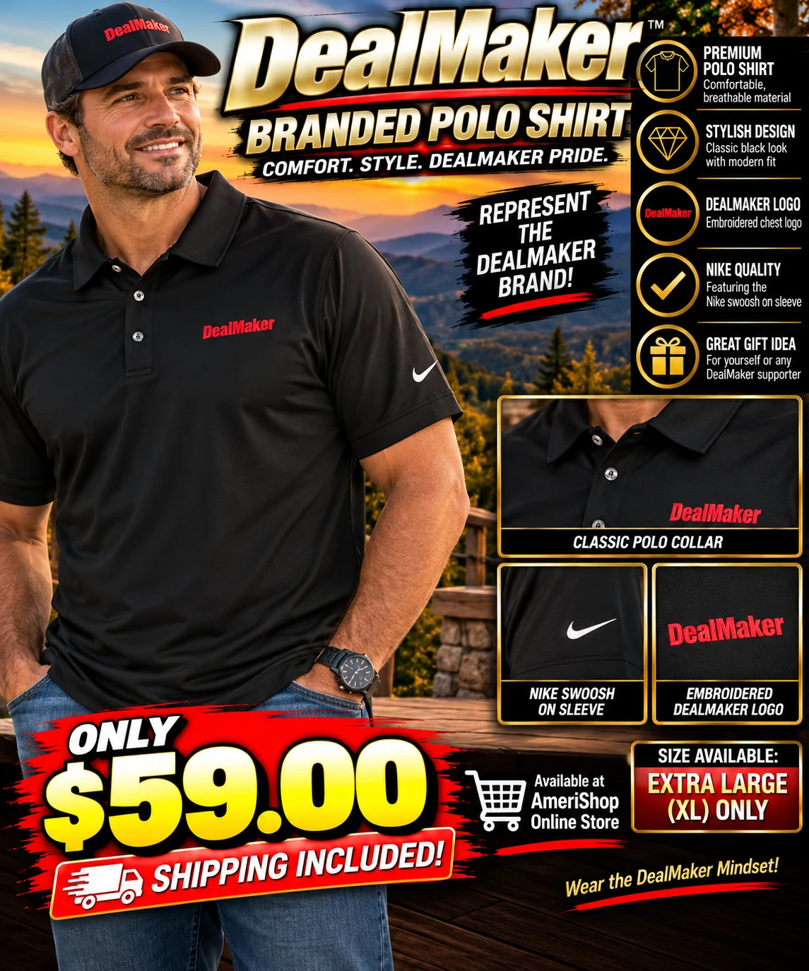 Supplied poster showing a man in the black DealMaker polo with red chest logo and sleeve swoosh, detail photos, XL only and a $59.00 price with shipping included.