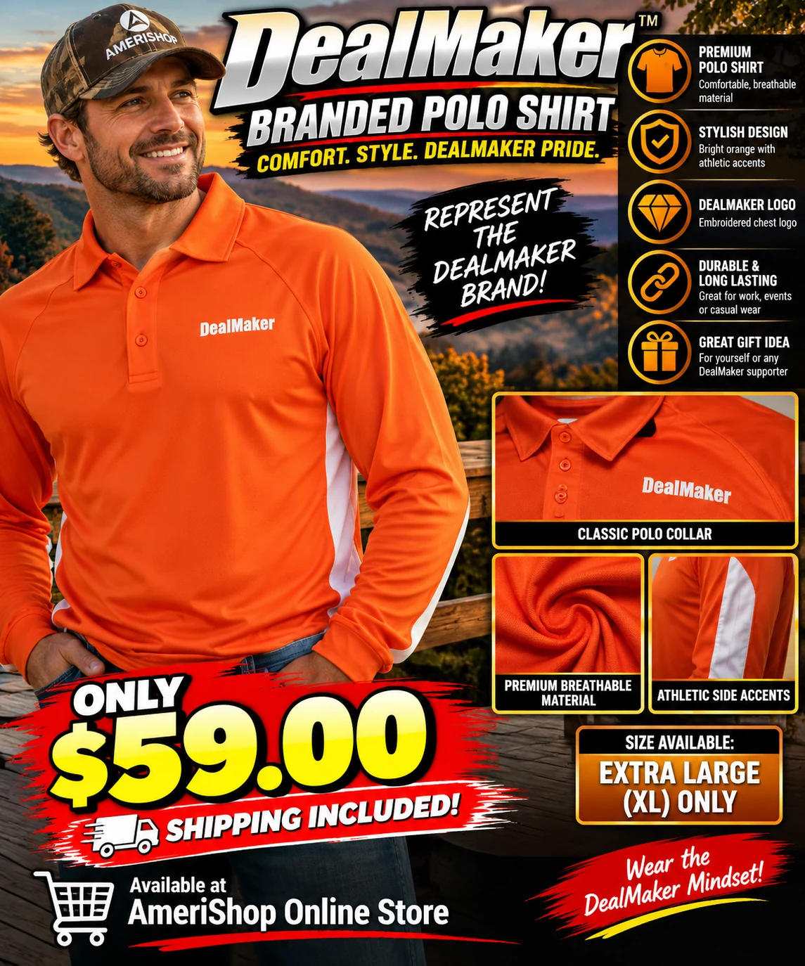 Supplied poster showing a man in the orange DealMaker long-sleeve polo with white side accents, detail photos, XL only and a $59.00 price with shipping included.