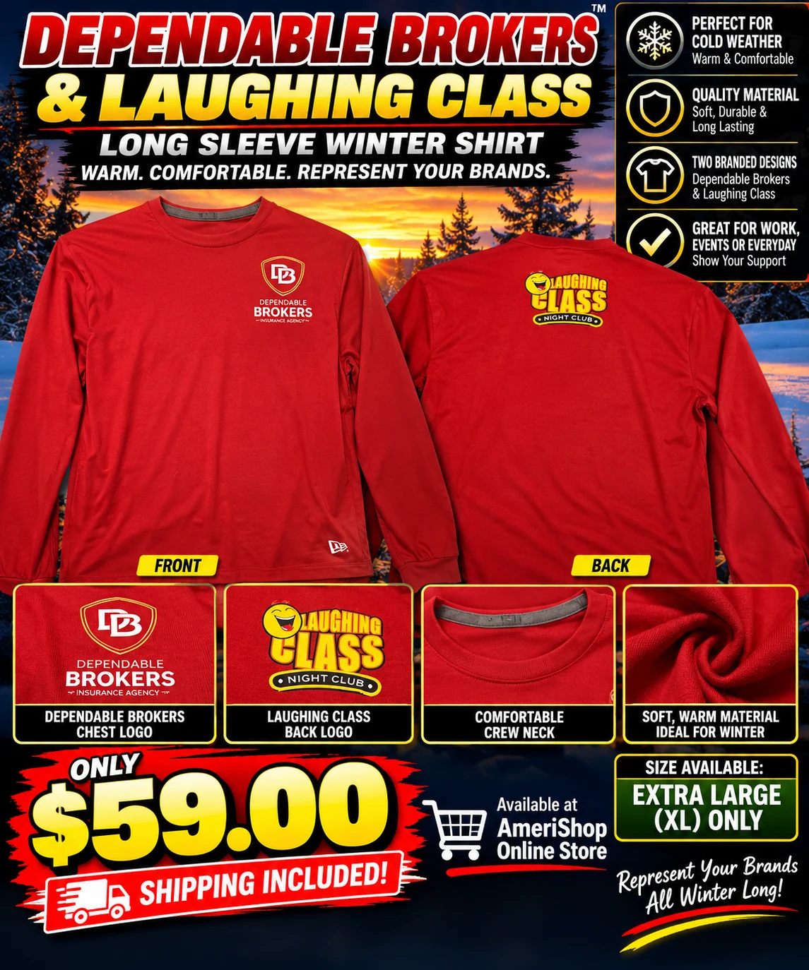 Supplied poster showing the red Dependable Brokers and Laughing Class long-sleeve winter shirt front and back, detail photos, XL only and a $59.00 price with shipping included.