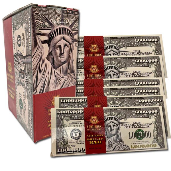 Fort Knox Million Dollar Chocolate Bars displayed in a retail box with currency-style gold foil wrappers.