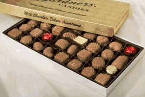 A gift box of Gardener's Candies Assorted Milk Chocolates displayed on a neutral surface.