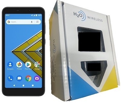 Front and back view of the black H2O Radiant Core mobile smartphone displayed on a clean white background.