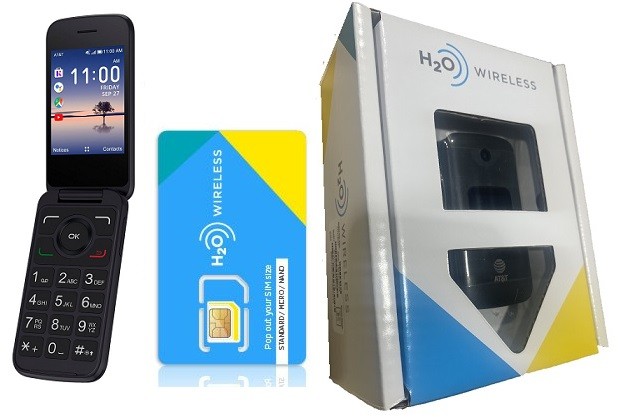 Front and angled view of the closed and open Alcatel H2O Smartflip phone showing its keypad and screen.