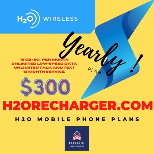 Retail packaging and SIM card kit for the H2O Unlimited Plan Yearly against a clean white backdrop.