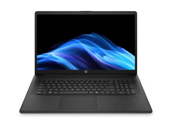 An open HP 17 Laptop AI PC resting on a clean desk showing its keyboard and expansive screen.