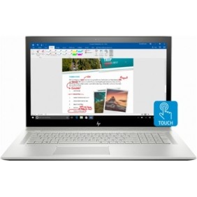 An open HP Envy 17.3-inch touch-screen laptop resting on a clean desk displaying a colorful desktop screen.