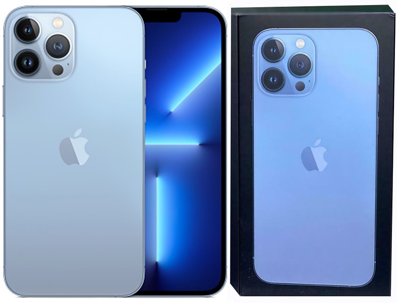 A certified pre-owned blue iPhone 13 Pro Max smartphone displayed against a clean neutral background.