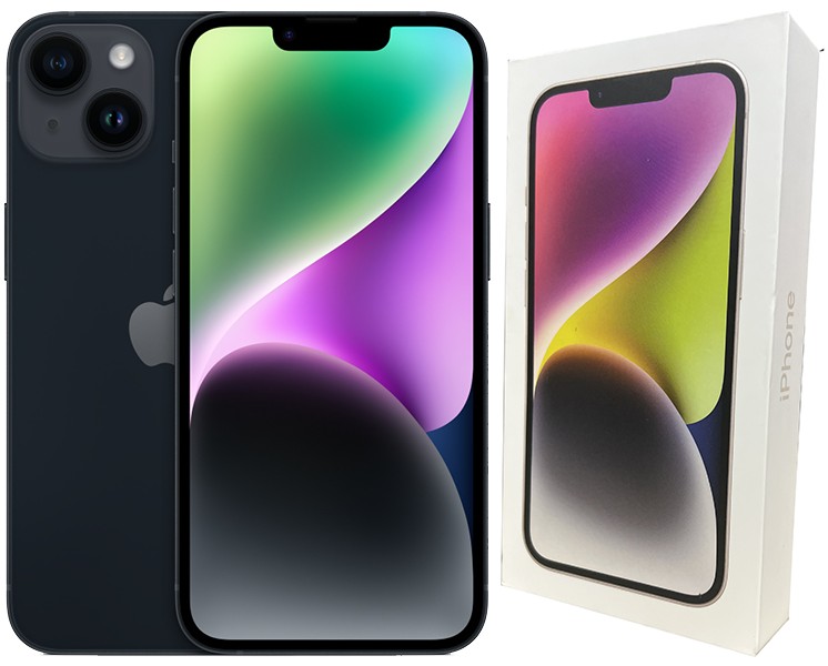 Front and back view of a pre-owned Apple iPhone 14 128GB smartphone on a neutral studio background.