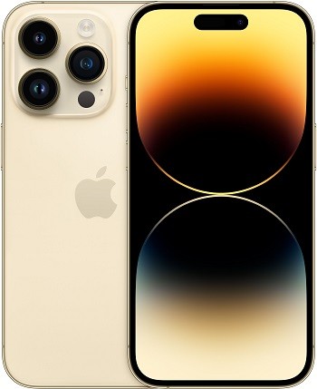 Front and back view of a used Apple iPhone 14 Pro 128GB smartphone showing the screen and rear triple camera array.