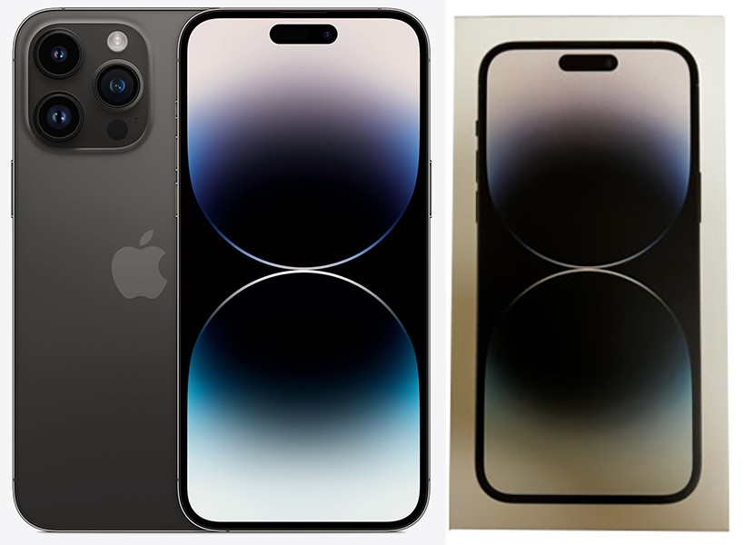 Front and back view of a used gold iPhone 14 with 512GB storage shown against a clean studio surface.