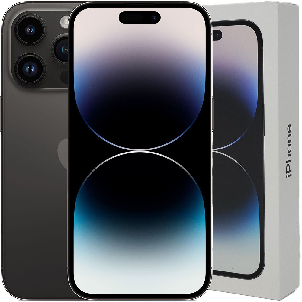 Front and back view of a pre-owned iPhone 14 Pro smartphone with 512GB storage displayed on a clean surface.
