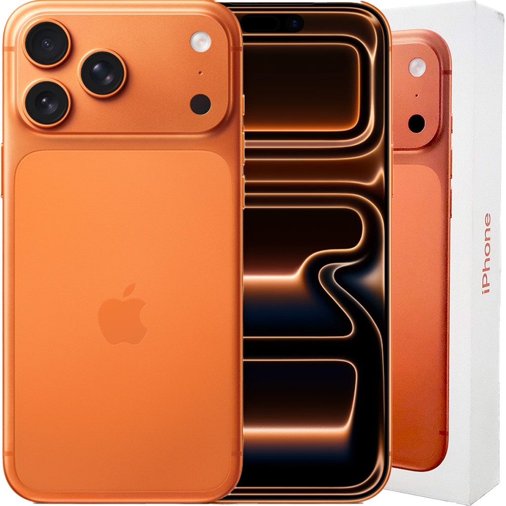 Front and back view of the iPhone 17 Pro Max 512GB smartphone displayed against a clean studio backdrop.