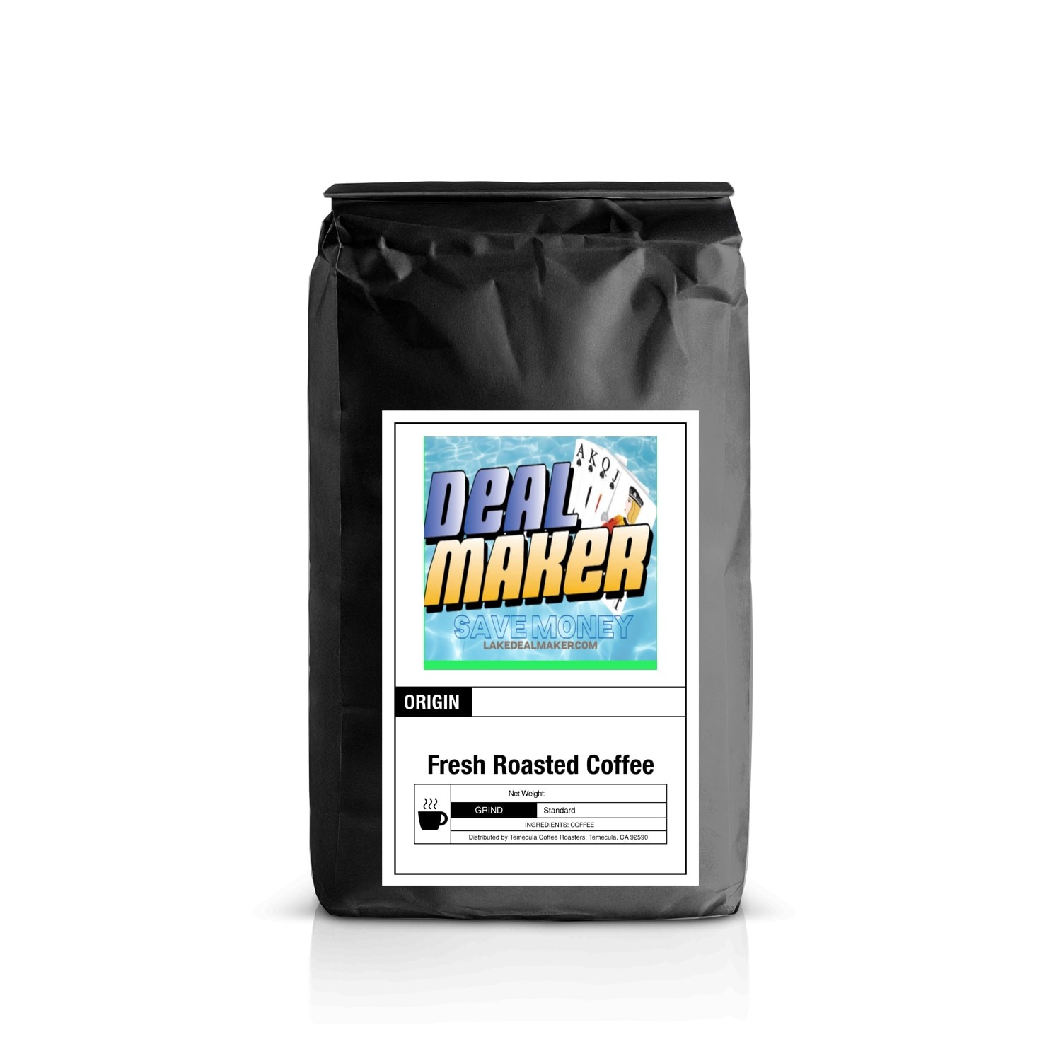 A bag of Italian Roast coffee displayed next to roasted dark coffee beans and a warm cup.