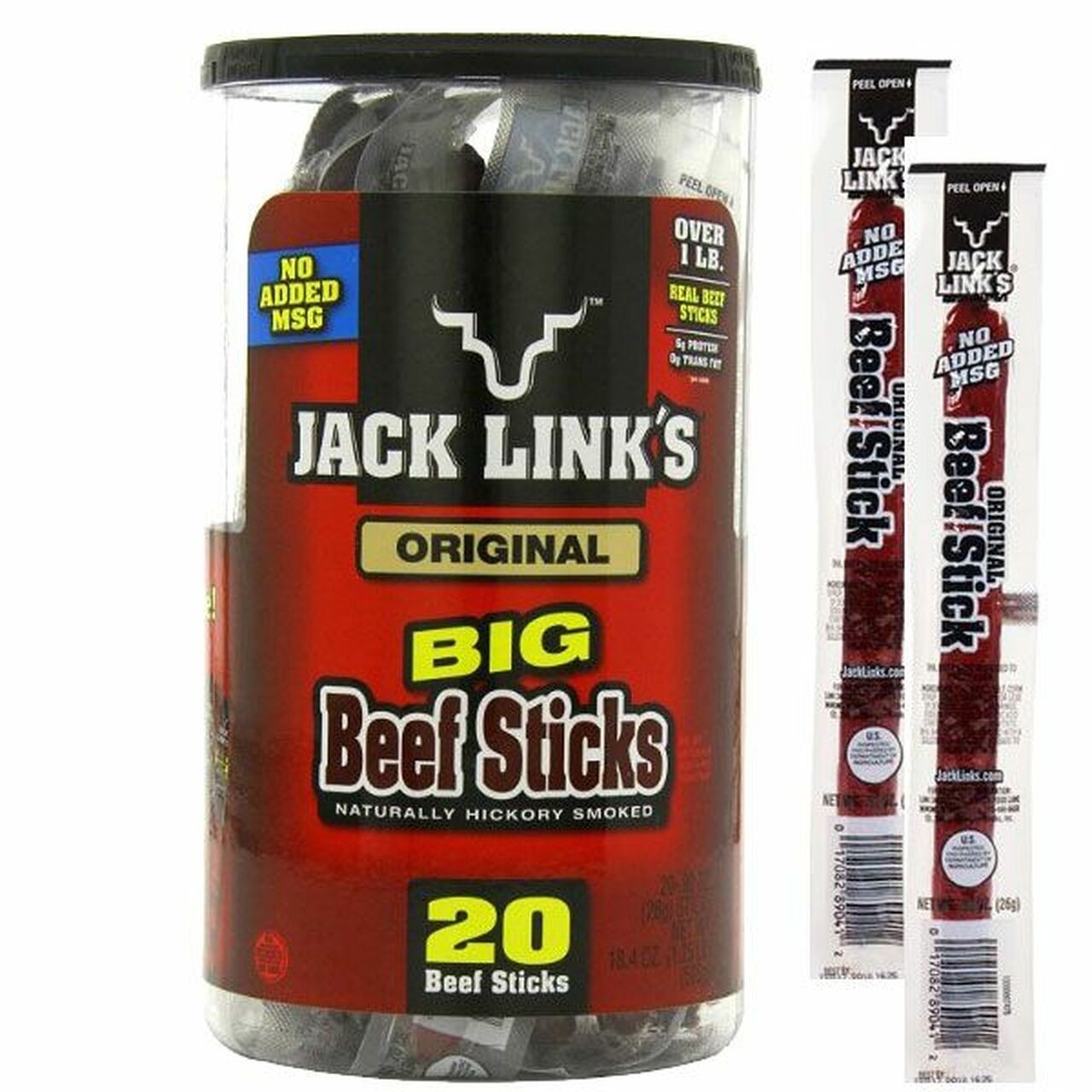 A 20-count retail box of individually wrapped Jack Links Big Beef Sticks displayed against a clean background.