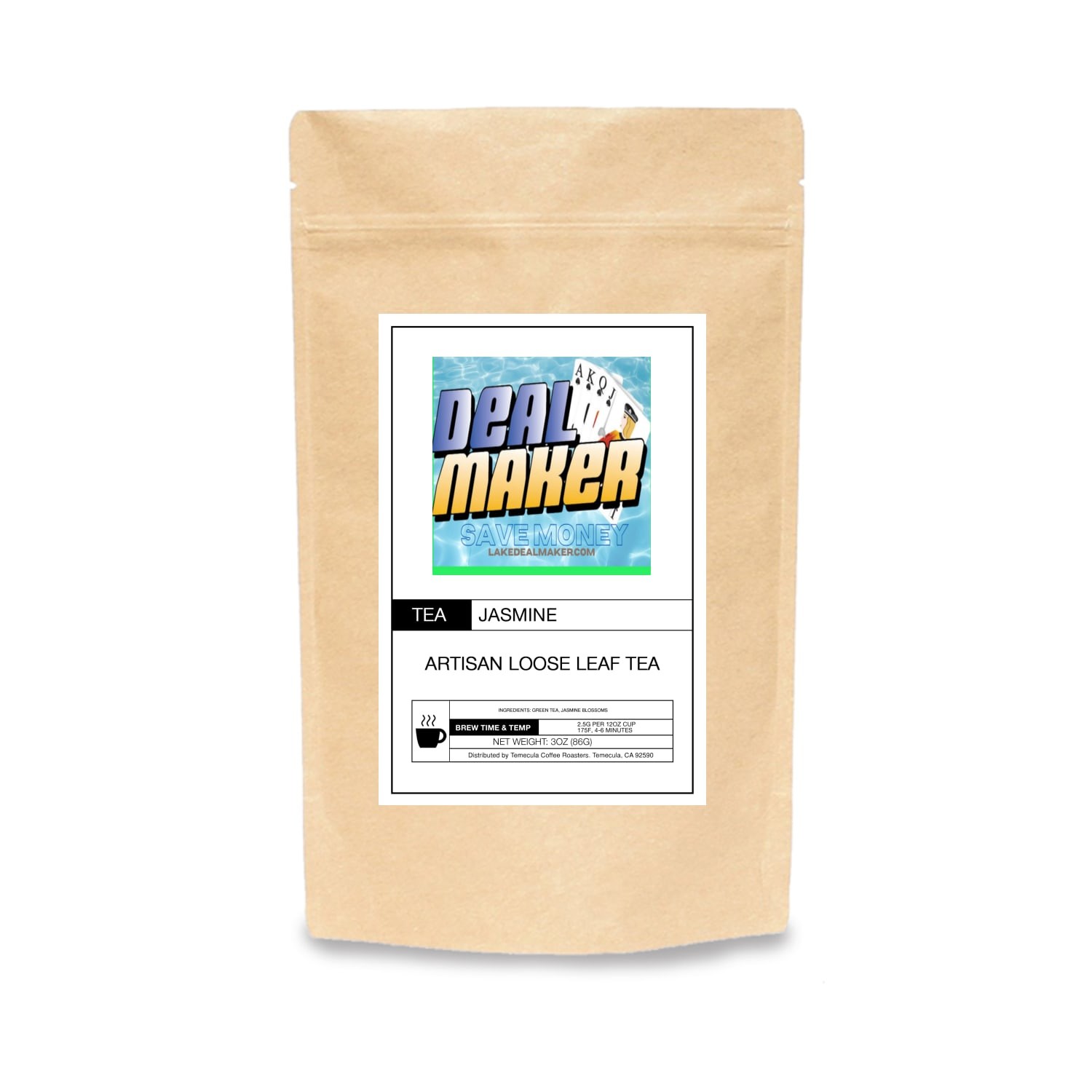 Dealmaker Coffee Jasmine Tea package shown alongside loose tea leaves in a glass cup.