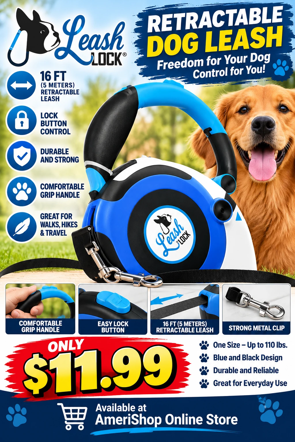 Supplied poster showing the blue-and-black LeashLock retractable dog leash with a golden retriever, feature callouts and an $11.99 price.
