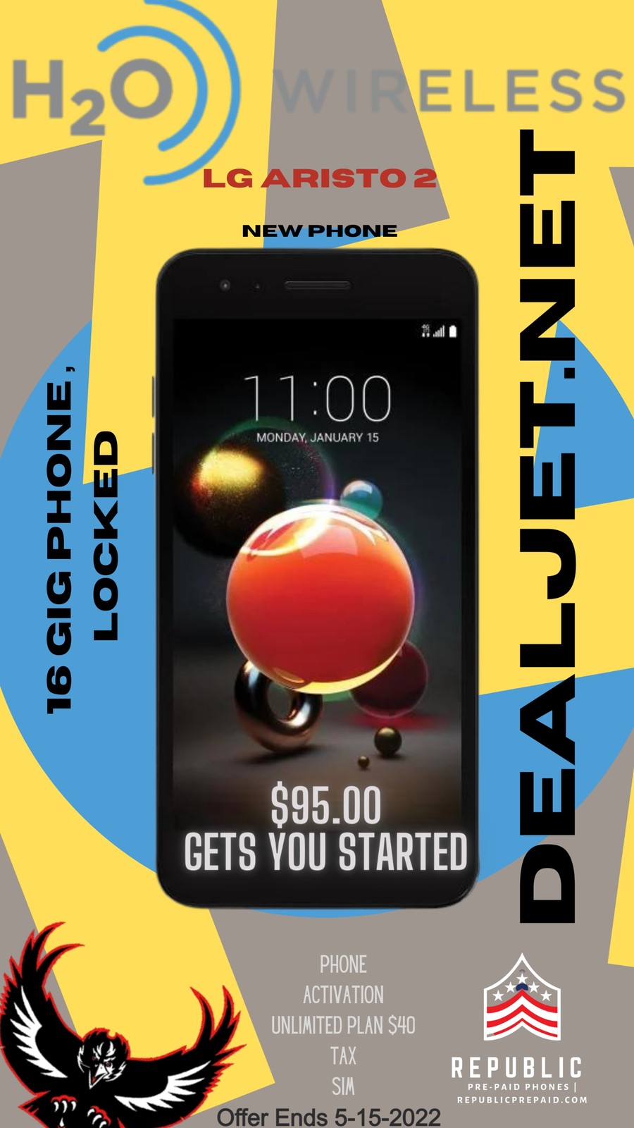 Front and back view of the black LG Aristo 2 smartphone showing its screen and rear camera.