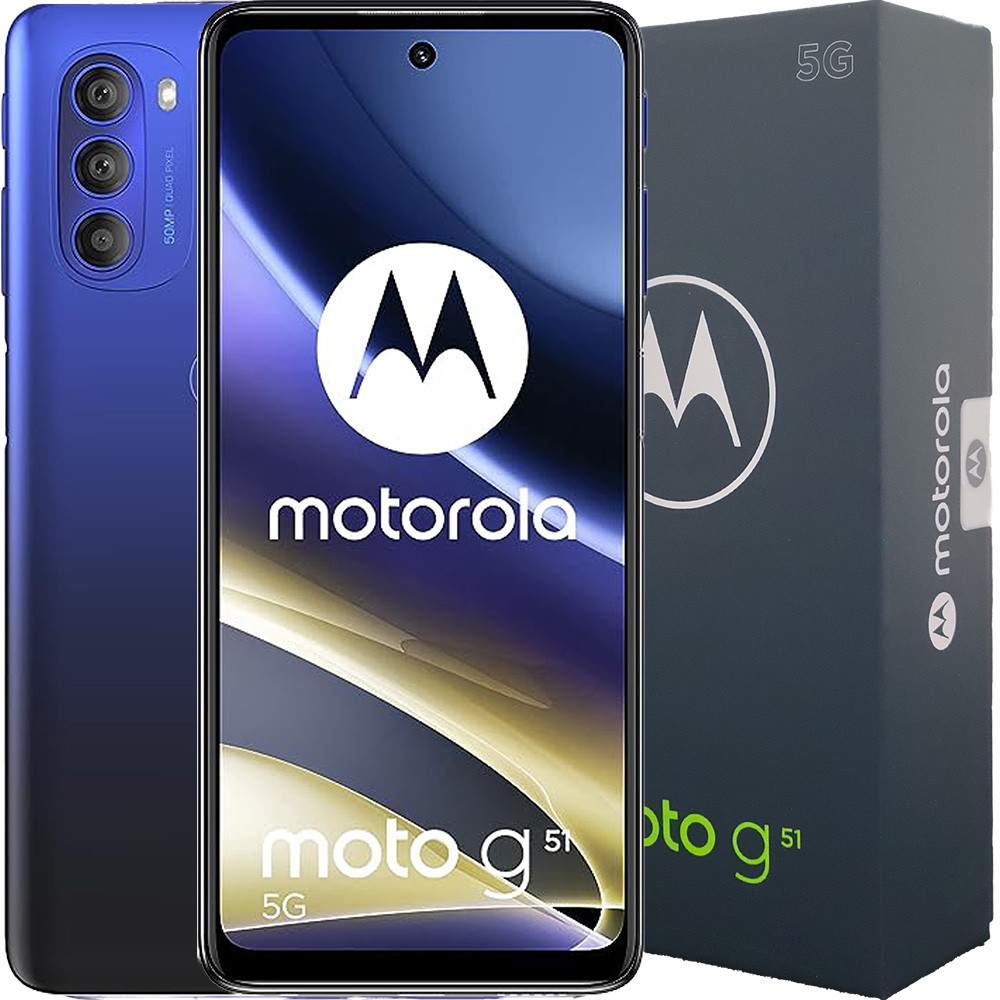 Front and back view of the Motorola Moto G51 smartphone displayed on a clean white surface.