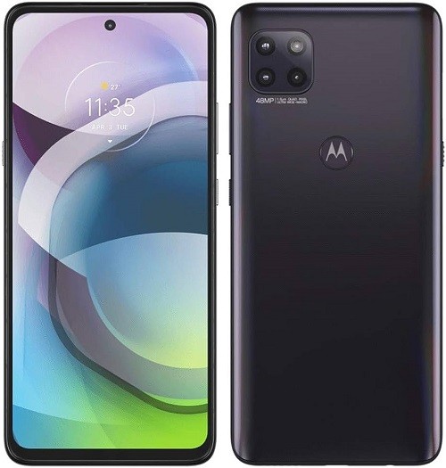 Front and back view of the Motorola One 5G Ace smartphone shown against a plain white studio background.
