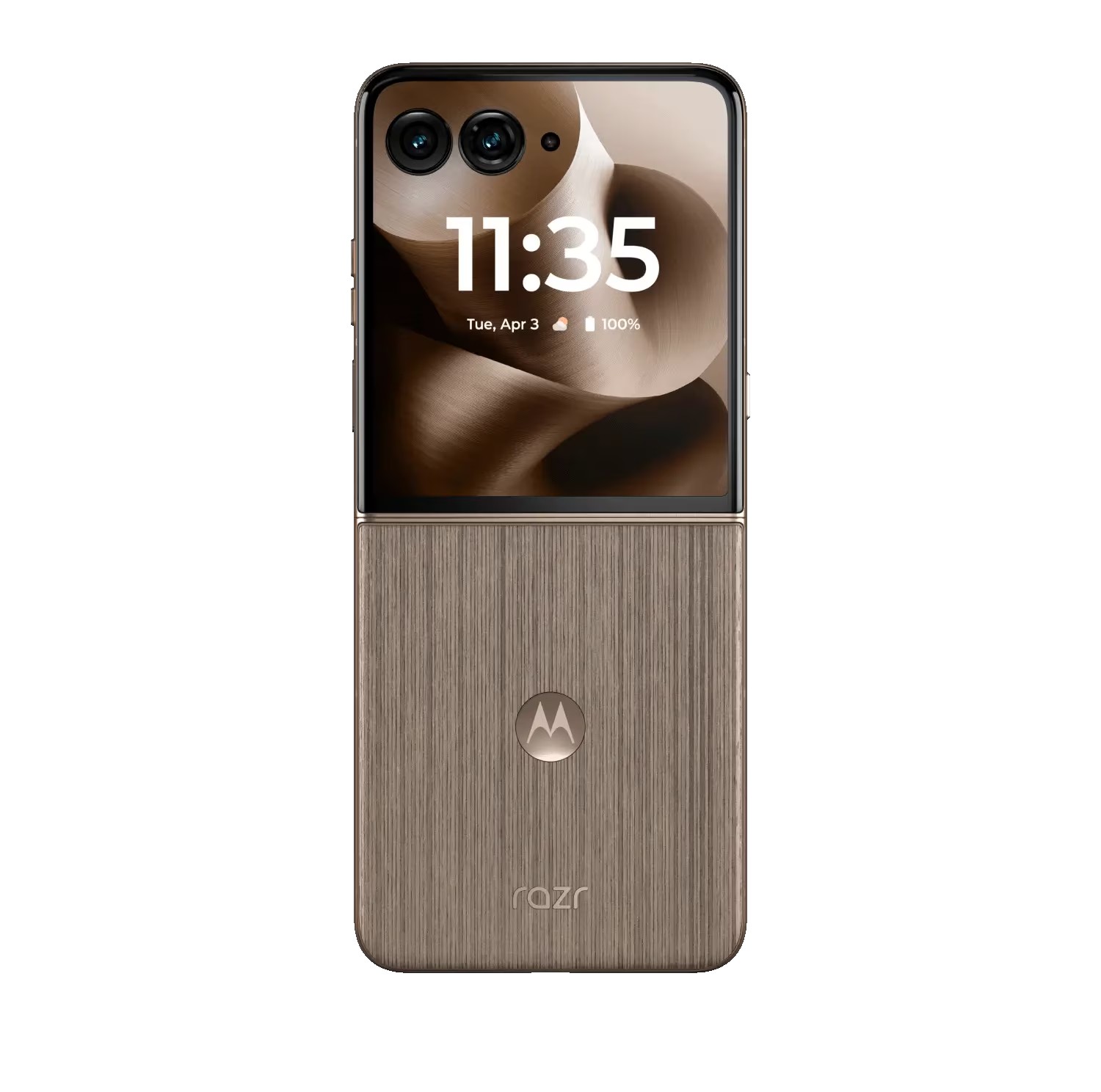 A brand-new Motorola Razr folding smartphone displayed open on a clean neutral background.