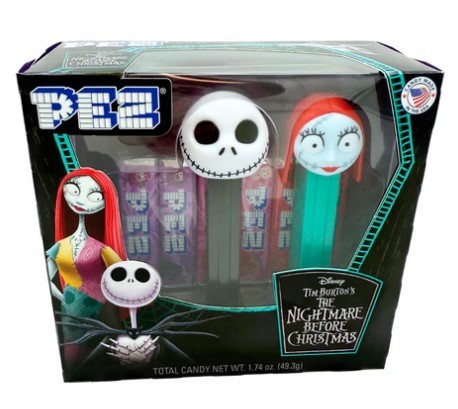 Boxed PEZ Nightmare Before Christmas gift pack featuring themed character dispensers and candy refill rolls on a clean white background.