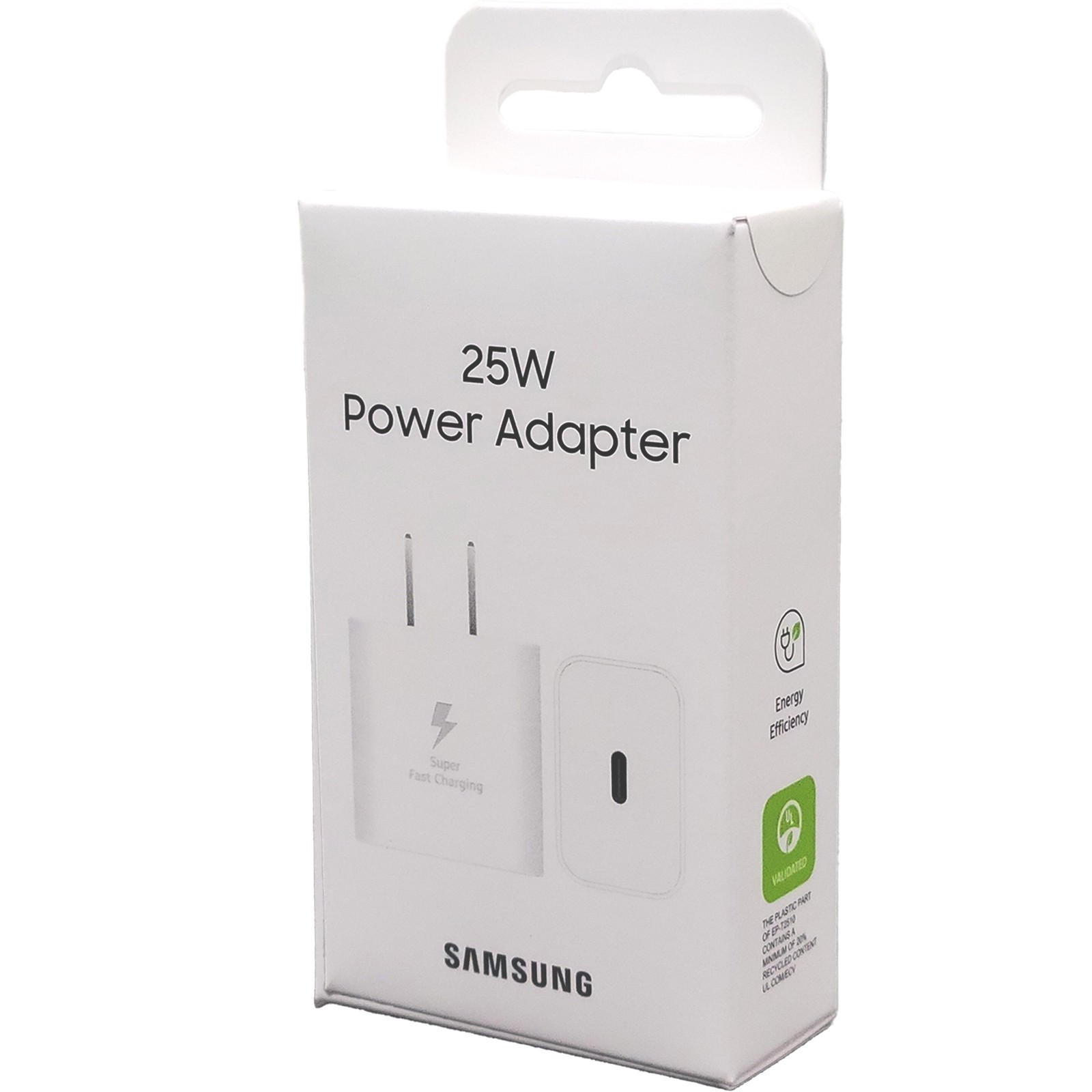 A Samsung 25W Power Adapter standing upright on a solid white surface showing its compact wall-plug design.