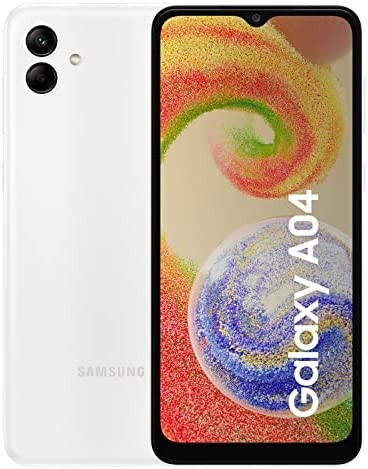 Front and back view of the Samsung A04 smartphone showing its display screen and rear camera layout.