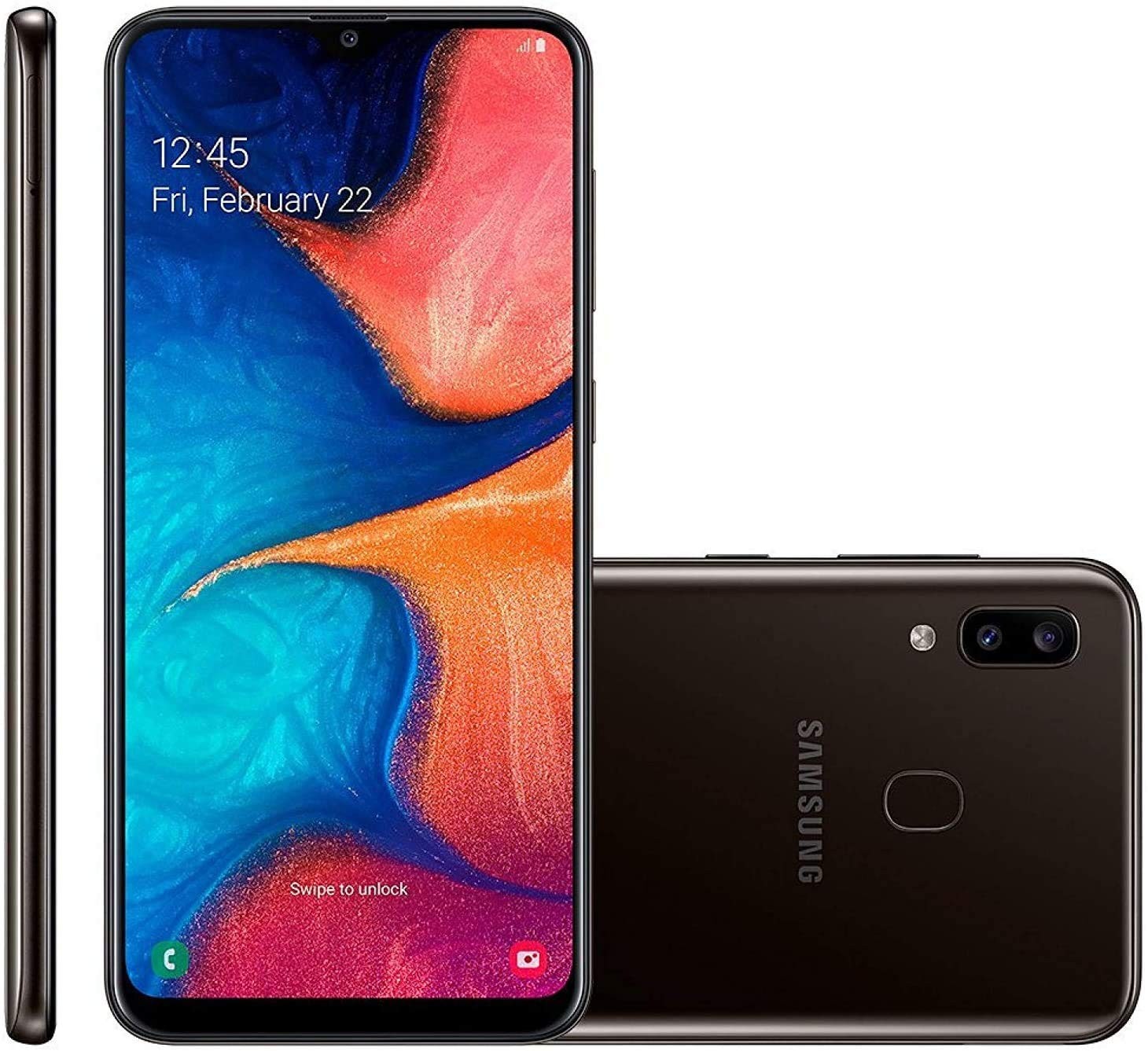 Front and back view of a Samsung A20 smartphone showing the screen display and rear camera against a plain white background.