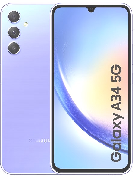 Front and back view of the Samsung A34 5G smartphone showing its clean display and multi-lens rear camera housing.