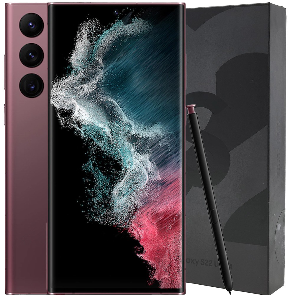 Front and back view of a certified pre-owned black Samsung Note 20 Ultra 5G smartphone with its integrated stylus displayed.