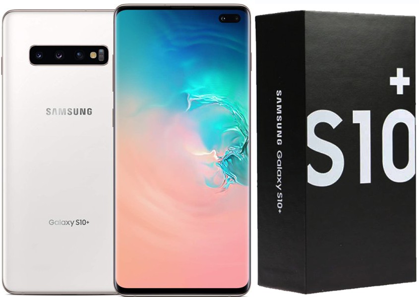 Front and back view of a pre-owned Samsung S10+ smartphone resting on a neutral tabletop.