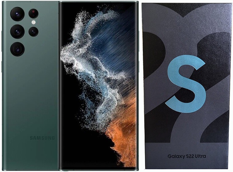 Front and back view of a sleek Samsung S22 Ultra 5G smartphone displayed on a clean surface.