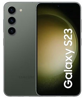 Front and back view of the sleek Samsung S23 smartphone displayed against a clean neutral background.