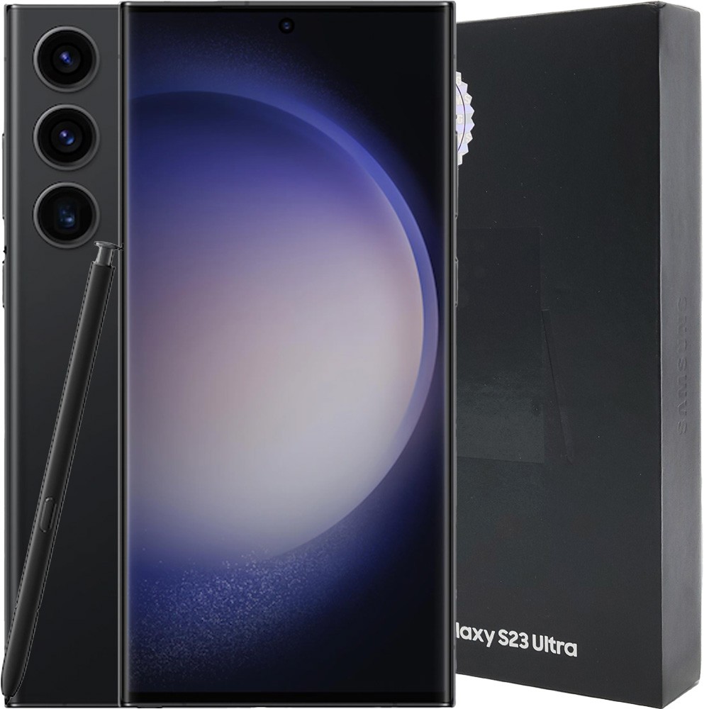 Front and rear view of the Samsung S23 Ultra smartphone displaying its clean design and rear camera lenses.