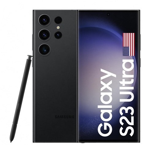 Front and rear view of a sleek Samsung S23 Ultra smartphone displayed on a clean neutral background.