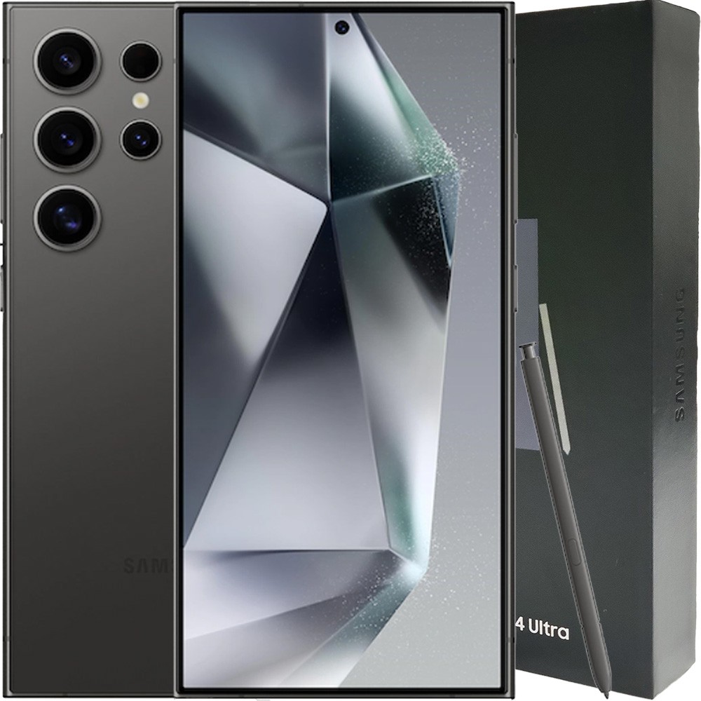 Front and back view of the new black Samsung S24 Ultra smartphone showcasing its modern sleek design.