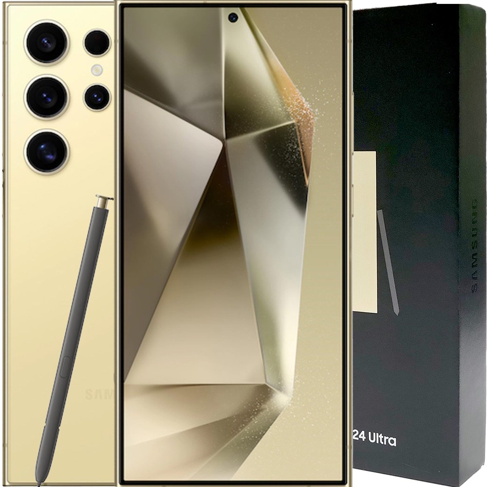 Front and back view of the Samsung S24 Ultra 5G 512GB smartphone displayed on a neutral surface.