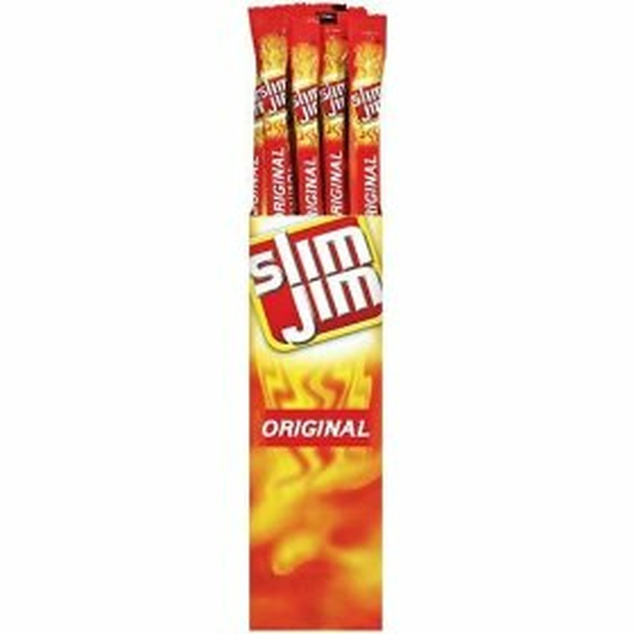 A full retail display box of twenty-four individually wrapped Slim Jim Giant Original meat sticks on a clean background.
