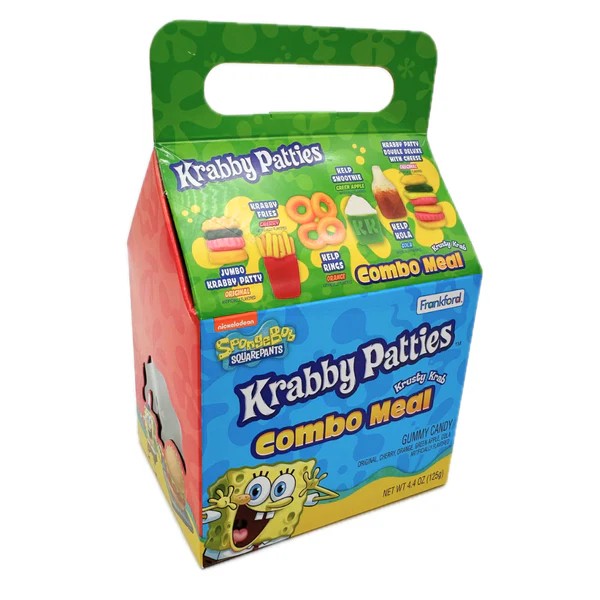 Boxed SpongeBob SquarePants Krabby Patties Combo Meal novelty gummy candy set on a clean display surface.