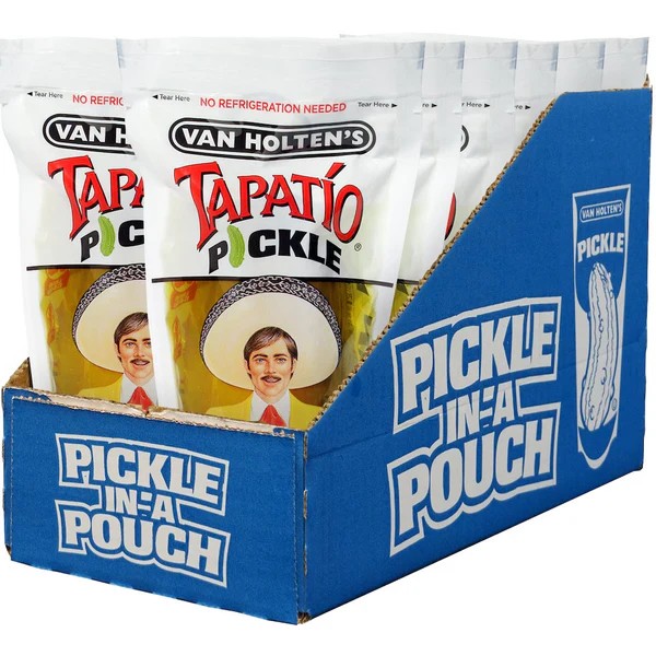 A packaged Van Holten Tapatio pickle pouch standing upright on a solid neutral background.