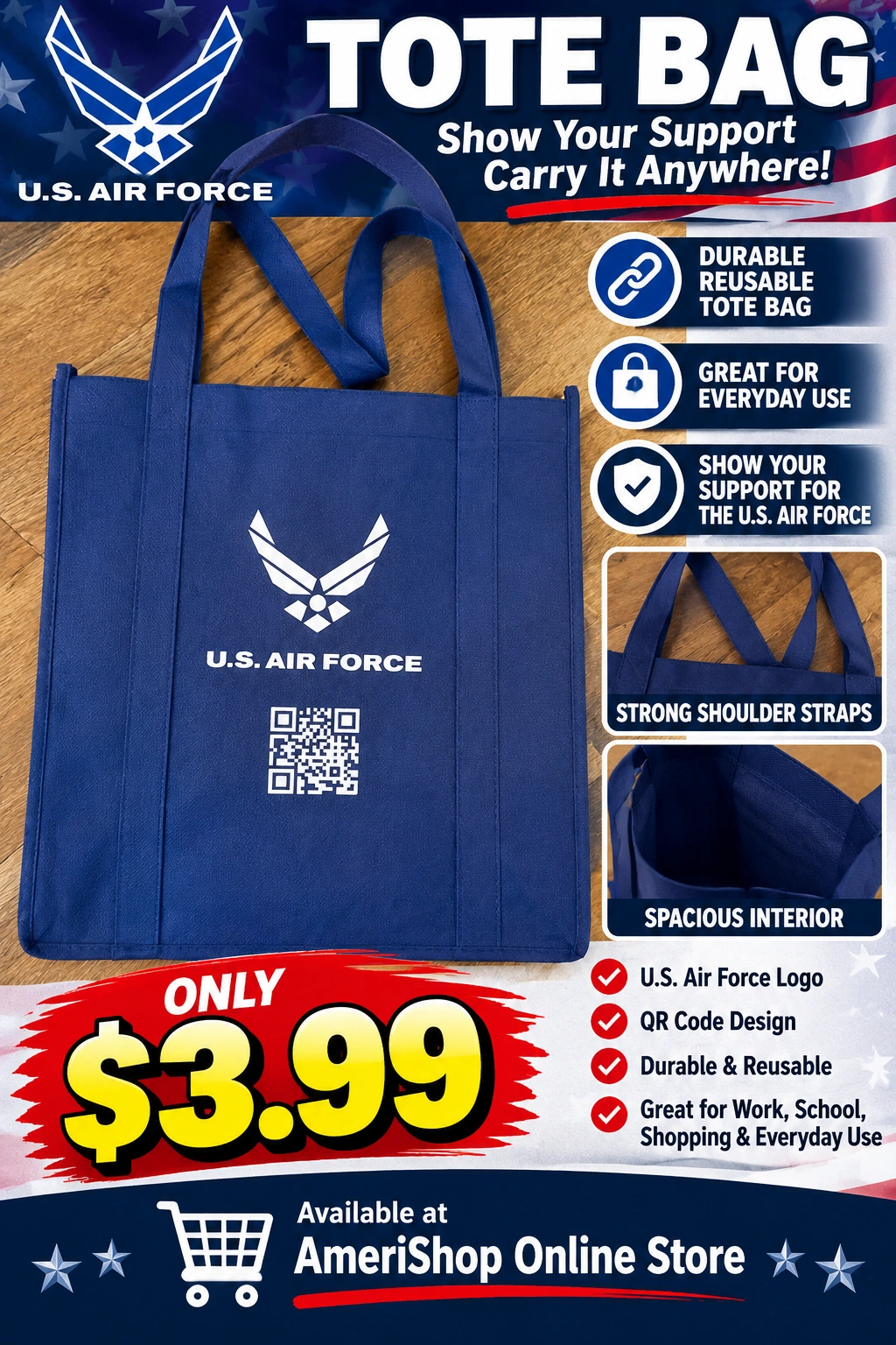 Supplied poster showing a blue U.S. Air Force tote bag with white graphics, printed QR-code design, shoulder straps and a $3.99 price.